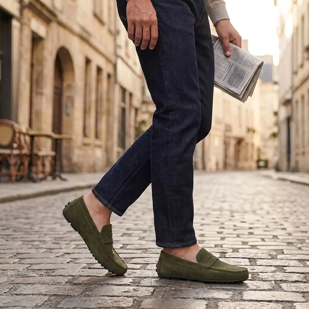 Lusso Hakiki Deri Süet Loafers - Haki